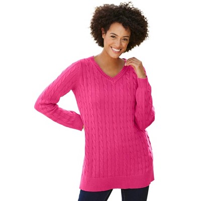 Woman Within Plus Size Cable Knit V-Neck Pullover Sweater