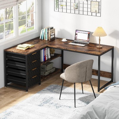 Okak Modern Home Office L-Shaped Computer Desk with Drawers & Shelves,Multifunctional Corner Writing Desk with for Study,Office,Studio