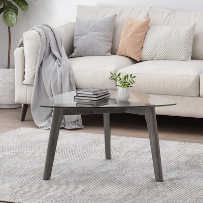 32.5" Solid Wood and Tempered Glass Mid-Century Modern Coffee Table with Storage Shelf for Living Room, Lounge, or Apartment