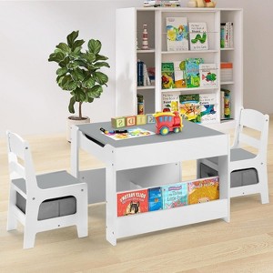 Kinder King Kids Wood Table & 2 Chairs Set, 4 in 1 Children Activity Table w/Double Bookcase, Blackboard, Toddler Furniture Set - 1 of 4