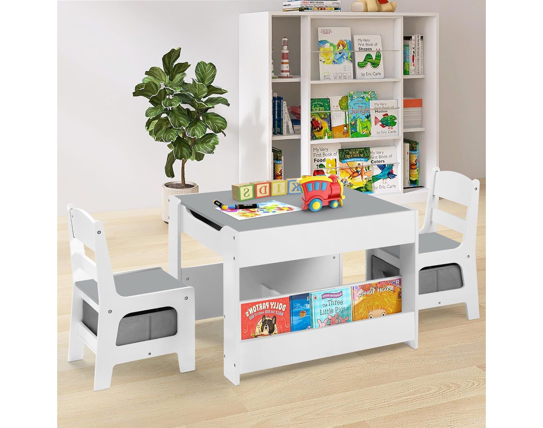 Kinder King Kids Wood Table & 2 Chairs Set, 4 in 1 Children Activity Table w/Double Bookcase, Blackboard, Toddler Furniture Set, Grey
