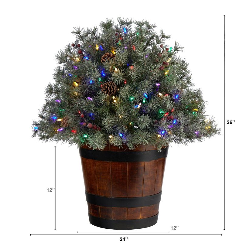 Nearly Natural 2.17-ft Flocked Shrub with Pinecones, 150 Multicolored LED Lights and 280 Branches in Planter, 2 of 8