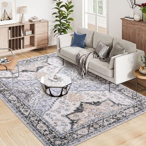 Washable Rug Vintage Floral Distressed Rug Soft Foldable Stain Resistant Non-Slip Indoor Carpet for Bedroom Living Room - 1 of 4