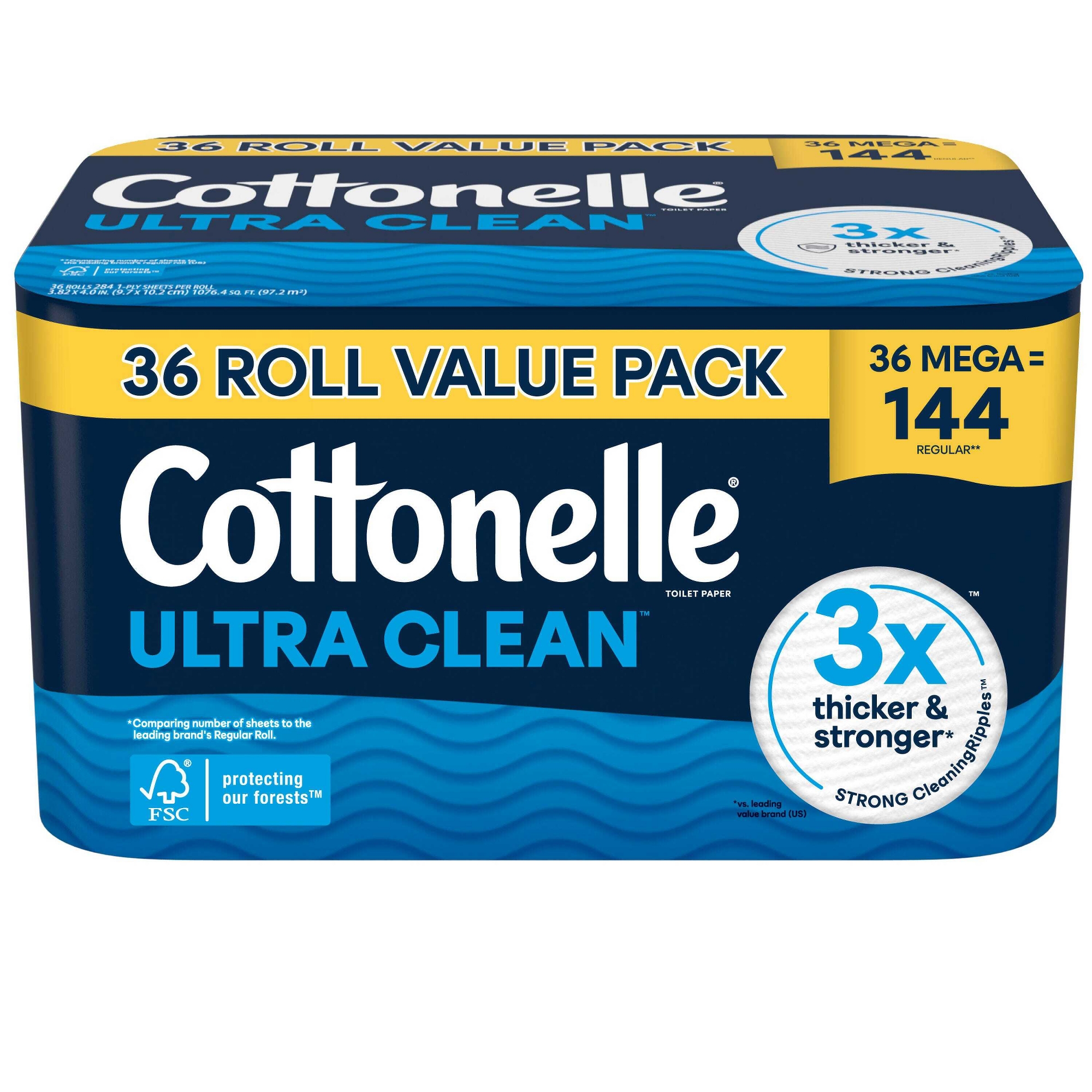 Cottonelle Ultra Clean Strong Toilet Paper - 36 Mega Rolls: No Fragrance, Non-Toxic