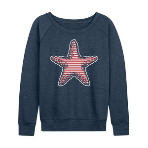 Women's - Instant Message - Nautical Striped Starfish Lightweight French Terry Wide Neck Long Sleeve Shirt - 1 of 4