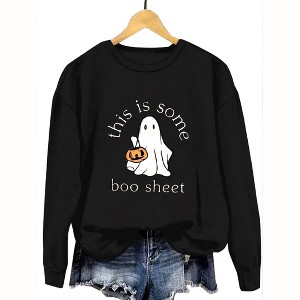 Plus Size Sweatshirts Funny Halloween Plus Size T-Shirt Crew Neck Long Sleeve Funny Sayings This is Some Boo Sheet Festive Graphic Sweatshirts - 1 of 3