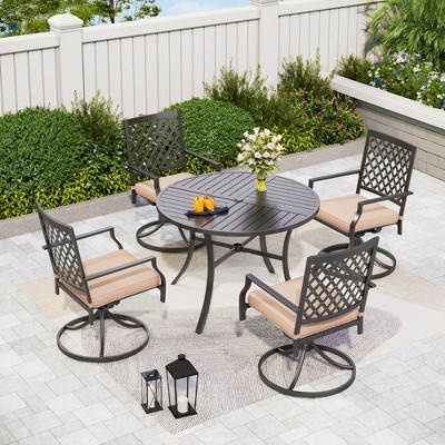 Captiva Designs 5pc Patio Dining Steel Set with Slat-top Round Table & Metal Chairs with Stylish Back