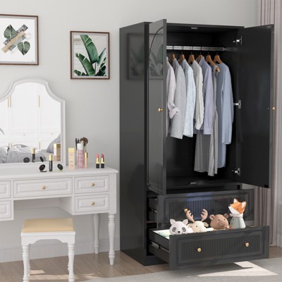 Buenhomino Wooden Armoire Wardrobe Closet, Wood Clothing Storage Cabinets with 2 Doors and 2 Drawers, Wardrobe Closet with Hanging Rod for Bedroom