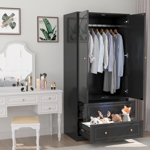 Buenhomino Wooden Armoire Wardrobe Closet, Wood Clothing Storage Cabinets with 2 Doors and 2 Drawers, Wardrobe Closet with Hanging Rod for Bedroom - 1 of 4