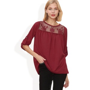 Anna-Kaci Women's 3/4 Sleeve Loose Fit Top with Sheer Floral Lace Yoke and Button Tab Sleeves - 1 of 4