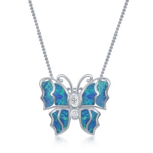 Opalata Sterling Silver Blue Inlay Opal Butterfly 18" Pendant Necklace - Black - 1 of 2