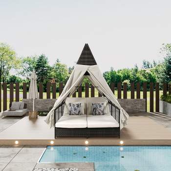 Outdoor Daybed Patio Double Sun Lounger Bed with Adjustable Backrest, Curtains and 4 Pillows 4M -ModernLuxe