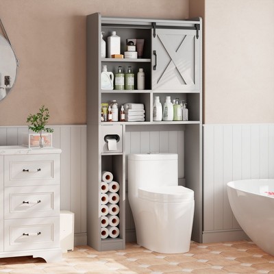 Toilet Storage Cabinet, Bathroom Shelves Organizer Space Saver Freestanding Restroom Shelf with Door, Anti-Tip Device Adjustable Shelf