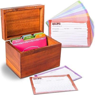 Acacia Wood Recipe Organization Box with 60 Recipe Cards and 24 Divider Tabs (85-Piece Set)