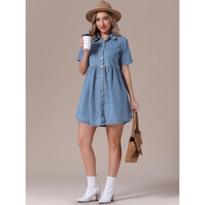 Женские платья INSPIRE CHIC Women's Denim Babydoll Tiered Short Sleeve Button Down Jean Shirt Dresses Light Blue Large — фото 3