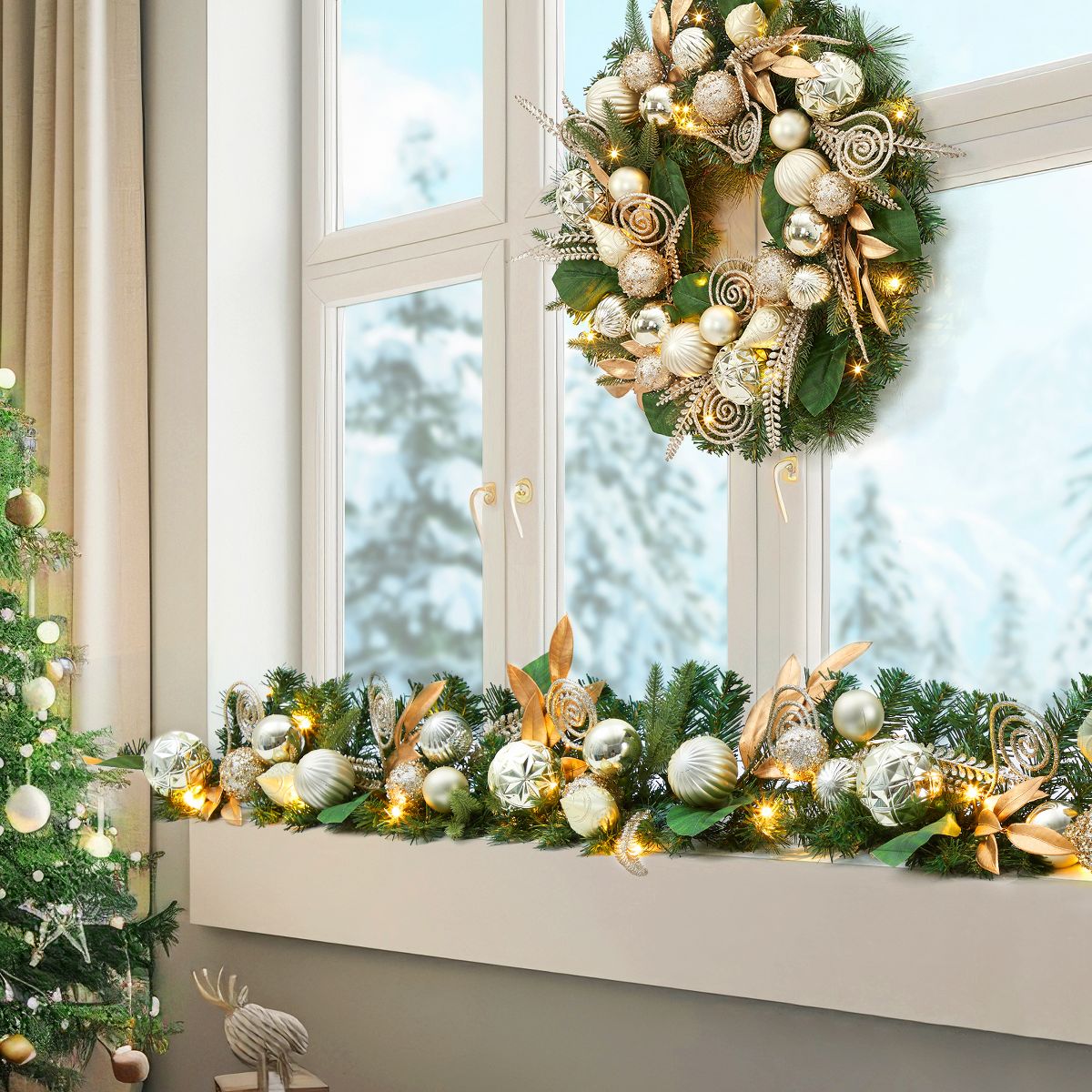 Garvee 6Ft Gold Christmas Garland with Gold Leaves & Ornaments - Modern Minimalist Artificial Pine Garland for Mantel, Staircase Holiday Decor - thumbnail 5