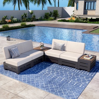 Captiva Designs Outdoor Patio Modular Sectional Sofa Conversation Set with Deep Cushions and Wood Grain Table  4-seat