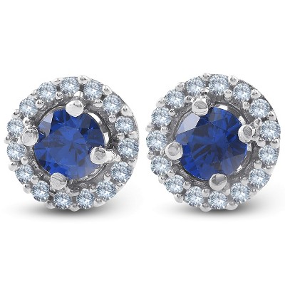 Pompeii3 1/4 Ct Halo Diamond & Blue Sapphire Studs 10K White Gold