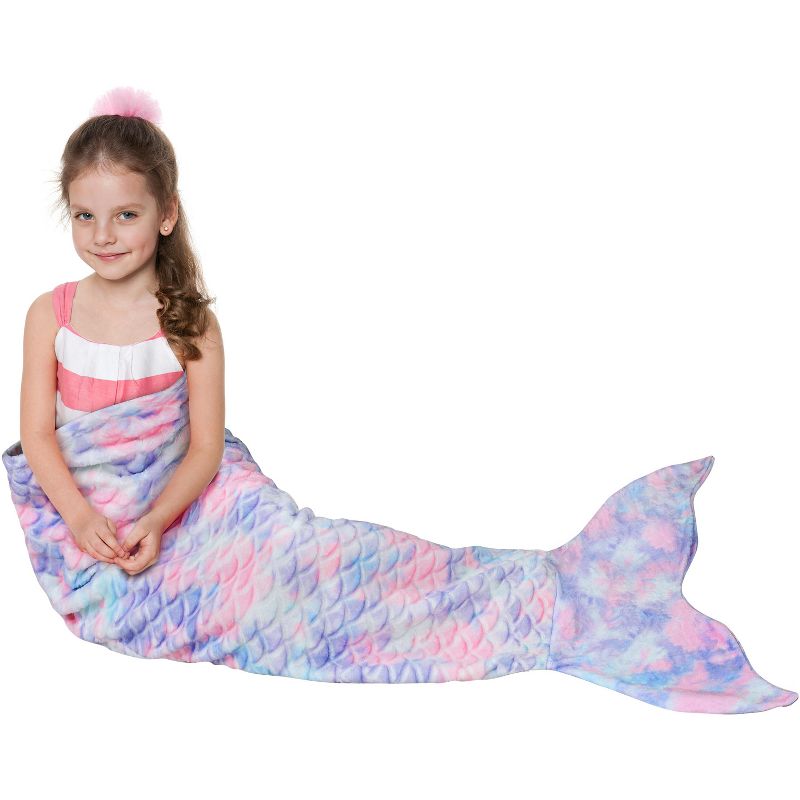 Catalonia Kids Mermaid Tail Blanket, Super Soft Plush Flannel Sleeping Blanket for Girls, Rainbow Ombre, Fish Scale Pattern, Gift Idea, 1 of 8
