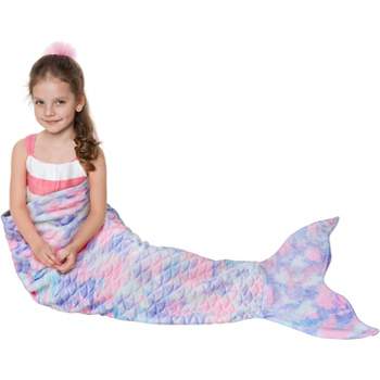 Catalonia Kids Mermaid Tail Blanket, Super Soft Plush Flannel Sleeping Blanket for Girls, Rainbow Ombre, Fish Scale Pattern, Gift Idea
