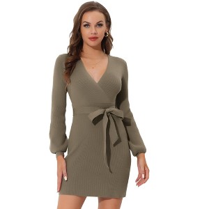 INSPIRE CHIC Women's V-neck Long Bishop Sleeve Tie Waist Sweater Dress - 1 of 4