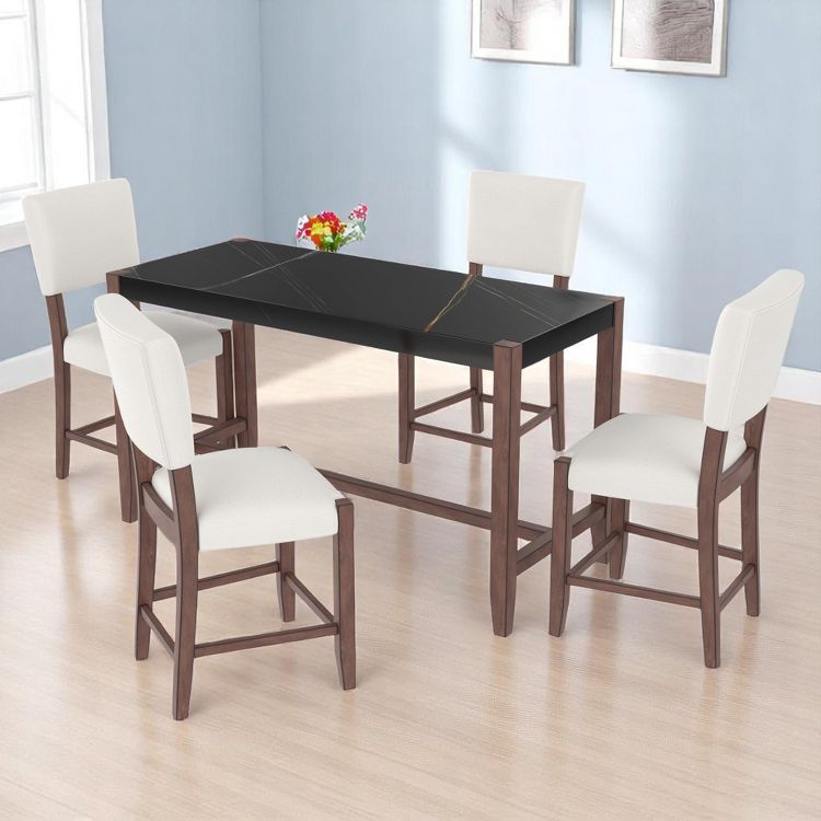 5-Piece Counter Height Dining Table Set with Faux Marble Top and 4 Upholstered Chairs, Solid Wood Frame, Space-Saving Kitchen Furniture, 3 of 8