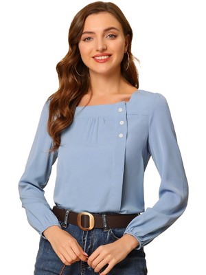 Allegra K Women's Casual Button Decor Long Sleeve Solid Square Neck Blouse