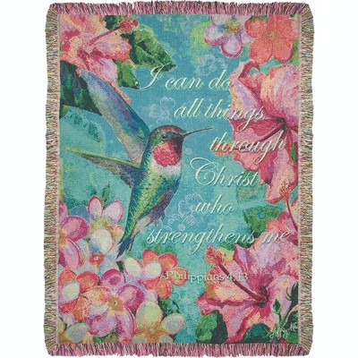 Manual Woodworks and Weavers Floral Woven Cotton Blend Throw Blanket 60 Inch Hummingbird Hibiscus by Geoffrey Allen
