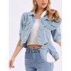 INSPIRE CHIC Women's Cropped Denim Puff Sleeve Button Down Vintage Jean Jackets with Pockets - 2 of 4
