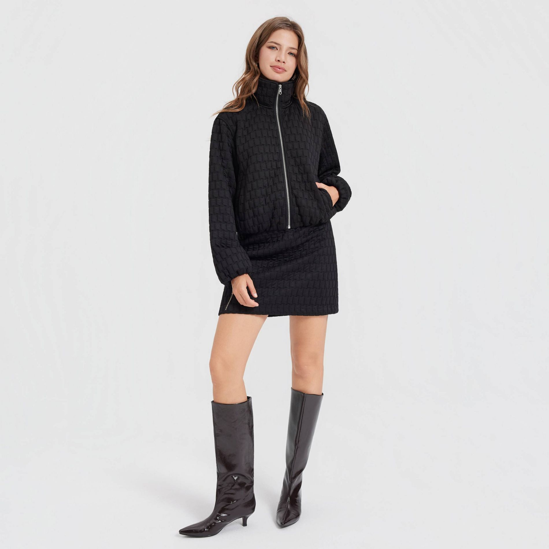 Women's Quilted Funnel Neck Bomber Jacket - A New Day™ Black M