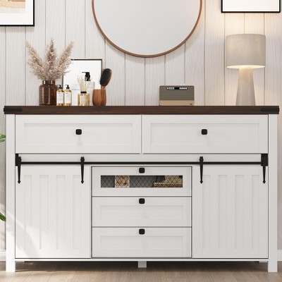 Farmhouse Buffet Cabinet, Sideboard Storage Cabinet with 5 Drawers and Sliding Barn Doors