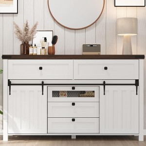 Farmhouse Buffet Cabinet, Sideboard Storage Cabinet with 5 Drawers and Sliding Barn Doors - 1 of 4