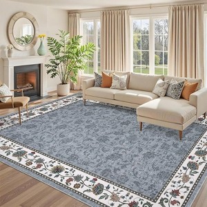 Acekool Floral Area Rug Machine Washable Pearl Velvet Low-Pile Non-Slip Carpet for Living Room Bedroom - 1 of 4
