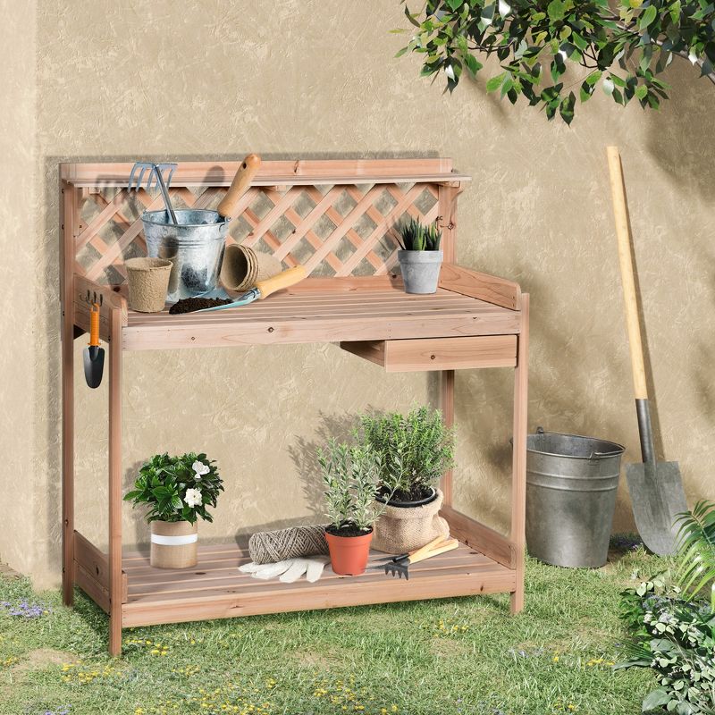 Outsunny Outdoor Garden Potting Bench, Wooden Workstation Table w/ Drawer, Hooks, Open Shelf, Lower Storage and Lattice Back for Patio, Backyard, 3 of 7