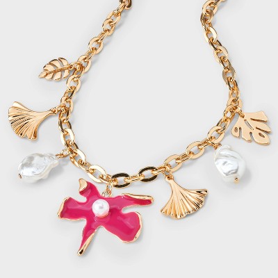 Flower Field Charm Necklace - A New Day™ Pink/Gold