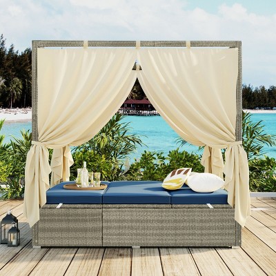 Adjustable Outdoor Sun Bed with Canopy, PE Rattan Frame, Comfortable Cushions, Freely Reclining, Weather-Resistant-Coolbibila