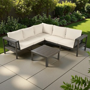 4-Pieces Outdoor Acacia Wood L-Shaped Sectional Sofa Set with Coffee Table and Arm Side Table - 1 of 4