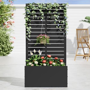SpassWay Black Metal Planter Box with Trellis Raised Garden Bed with Arbor Privacy Screen with Wheels - 1 of 4