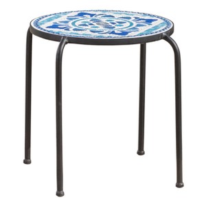 Skye Ceramic Tile Side Table - Blue/White - Christopher Knight Home: Weather-Resistant Iron Frame Patio Accent Table - 1 of 4