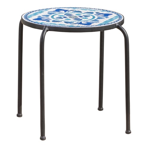 Skye Ceramic Tile Side Table Blue white Christopher Knight Home Weather resistant Iron Frame Patio Accent Table Target