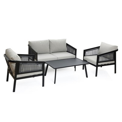 LuxenHome Outdoor Black Steel with PE Rope 4-Person Conversation Set with Coffee Table