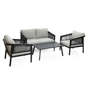 LuxenHome Outdoor Black Steel with PE Rope 4-Person Conversation Set with Coffee Table - 1 of 4
