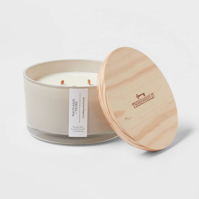 14oz 3-Wick Round Base Glass Candle with Wooden Wick White Sage &#38; Thyme Gray - Threshold&#8482;, 4 of 7