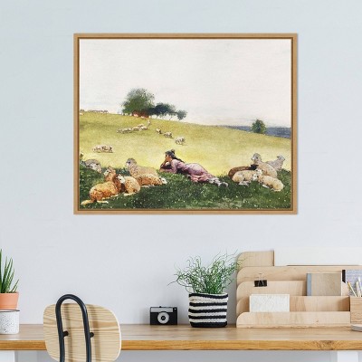 Homers Sheep Countryside II 28"x23" Brown Floater Frame Canvas Print