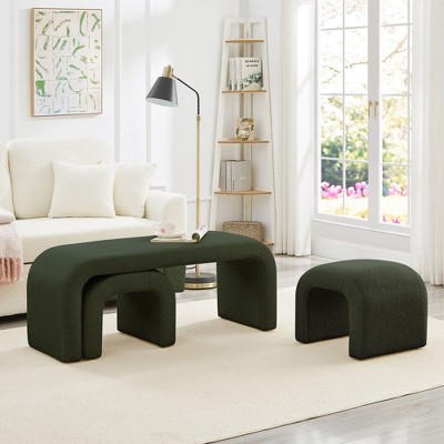 PAGED Modern U-Shaped Teddy Fabric Ottoman Bench Set of 3,  44 Inch Bench and 16.5 Inch Ottoman for Living Room, Bedroom, Entryway