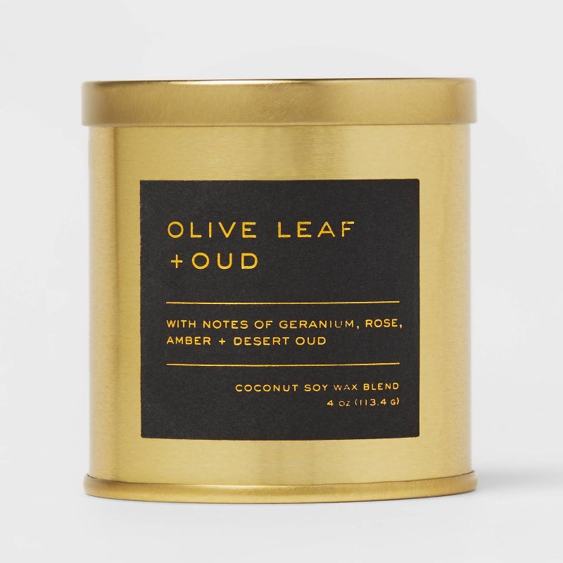 4oz Lidded Metal Jar Black Label Olive Leaf and Oud Candle - Threshold&#8482;, 1 of 6
