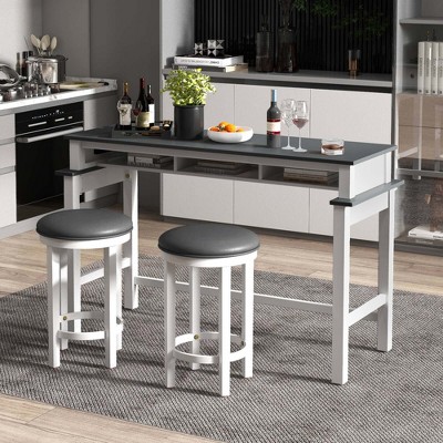 Gray and White Rubberwood Counter Height Bar Table with Storage