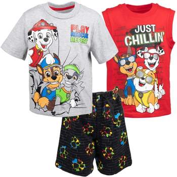 Paw Patrol Rocky Rubble Marshall T-Shirt Tank Top and French Terry Shorts -  3 Piece Outfit Set Toddler