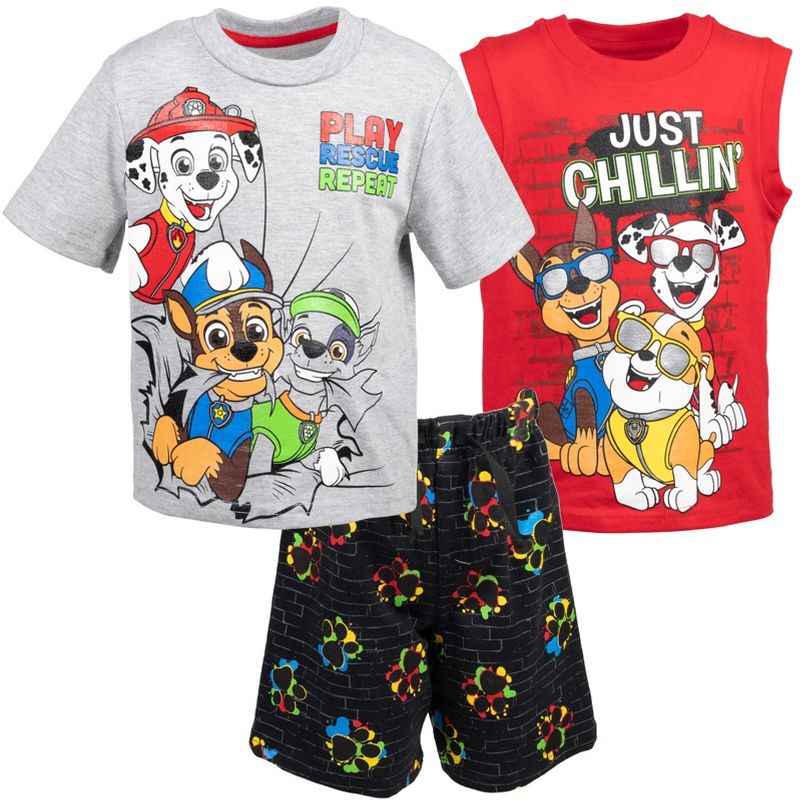 Paw Patrol Rocky Rubble Marshall T-Shirt Tank Top and French Terry Shorts -  3 Piece Outfit Set Toddler, 1 of 10