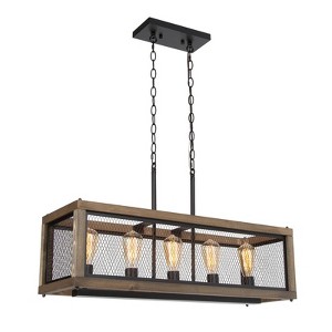 LNC Lucia 5-Light 31.5" Farmhouse Rectangle Oversized Chandelier, Matte Black and Brown Wood Grain - 1 of 4